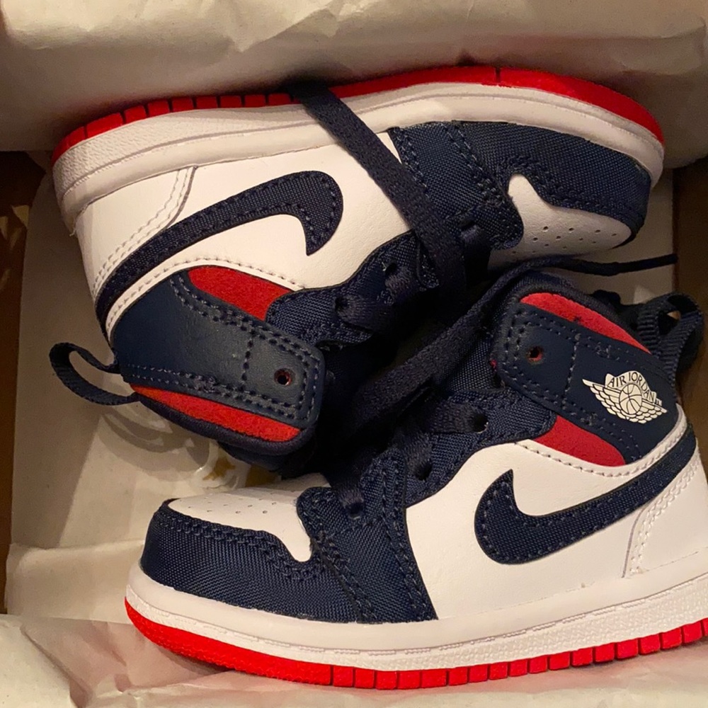 Jordan Mid 1s for toddlers. Size 5c, navy blue, white and red coloring.